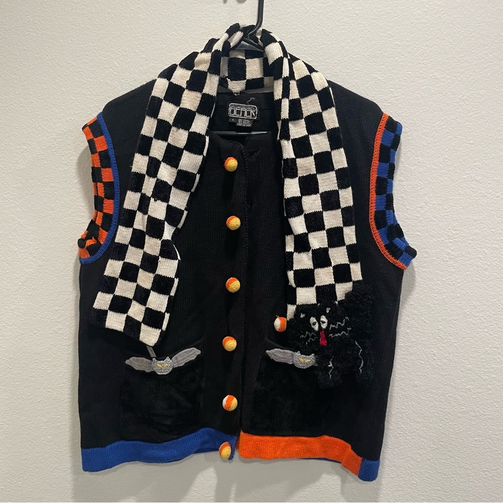 berek Black Sweater Vest with Orange and Blue Accents - Picture 8 of 10